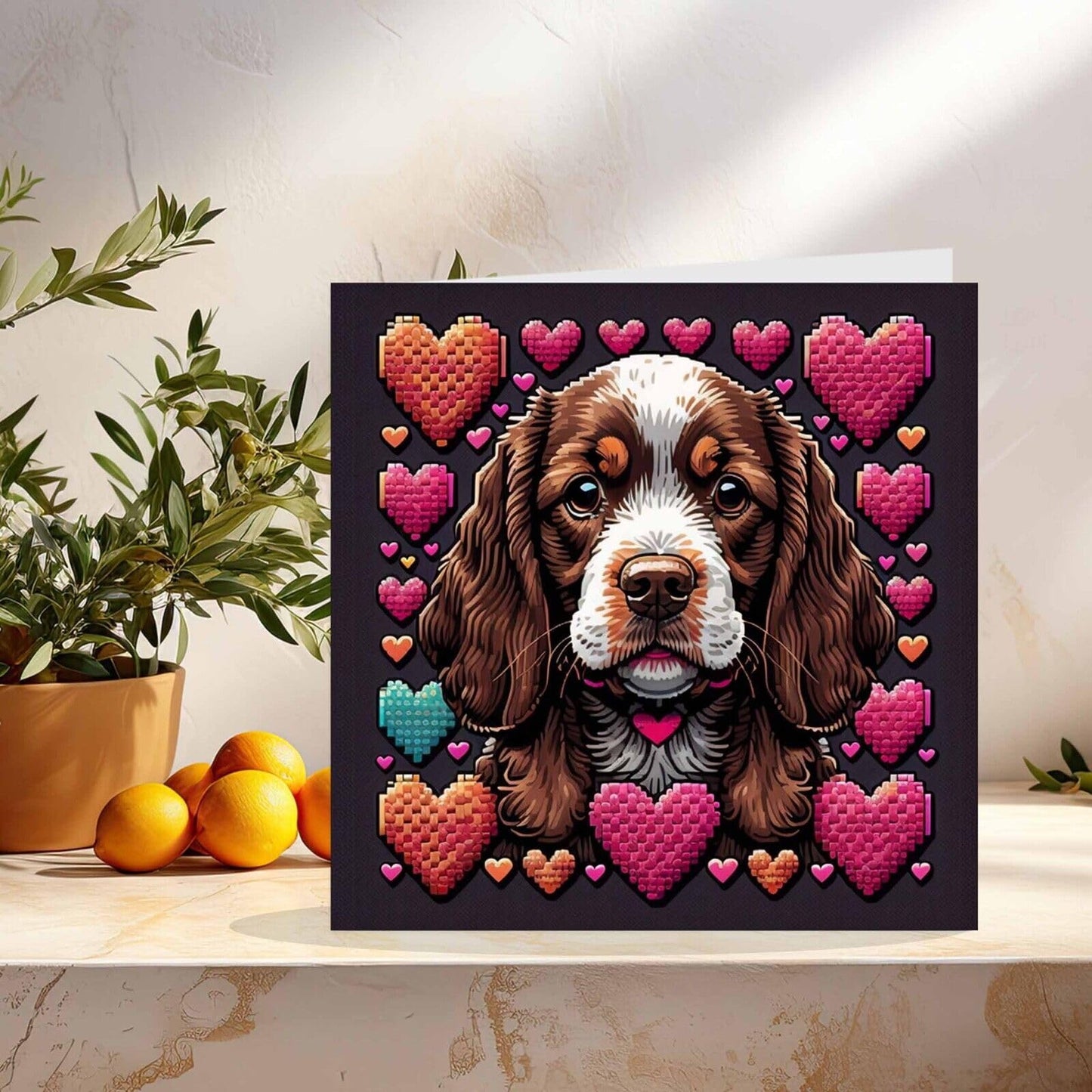 Pixel Cocker Spaniel Love Hearts Greeting Card - 145mm x 145mm