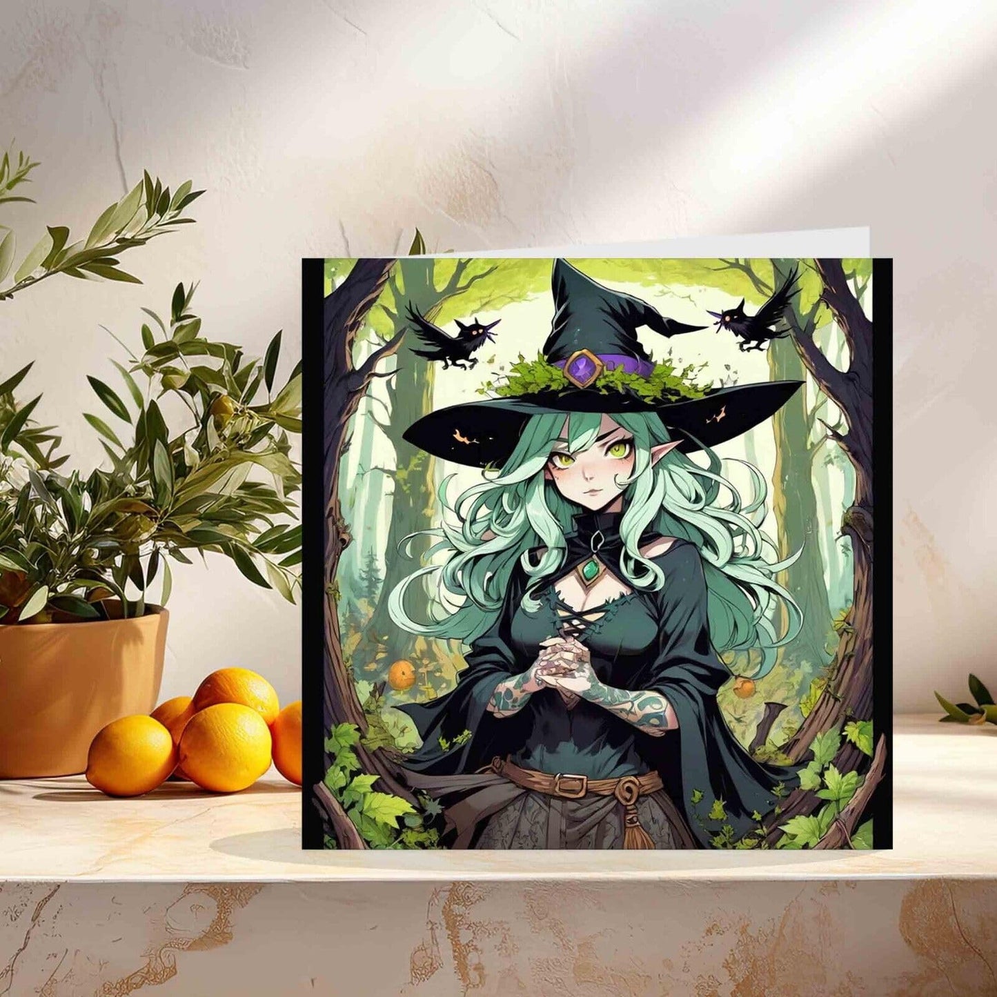 Anime Witch Greeting Card - Forest Woodland Anime Girl bday card 145mm x 145mm