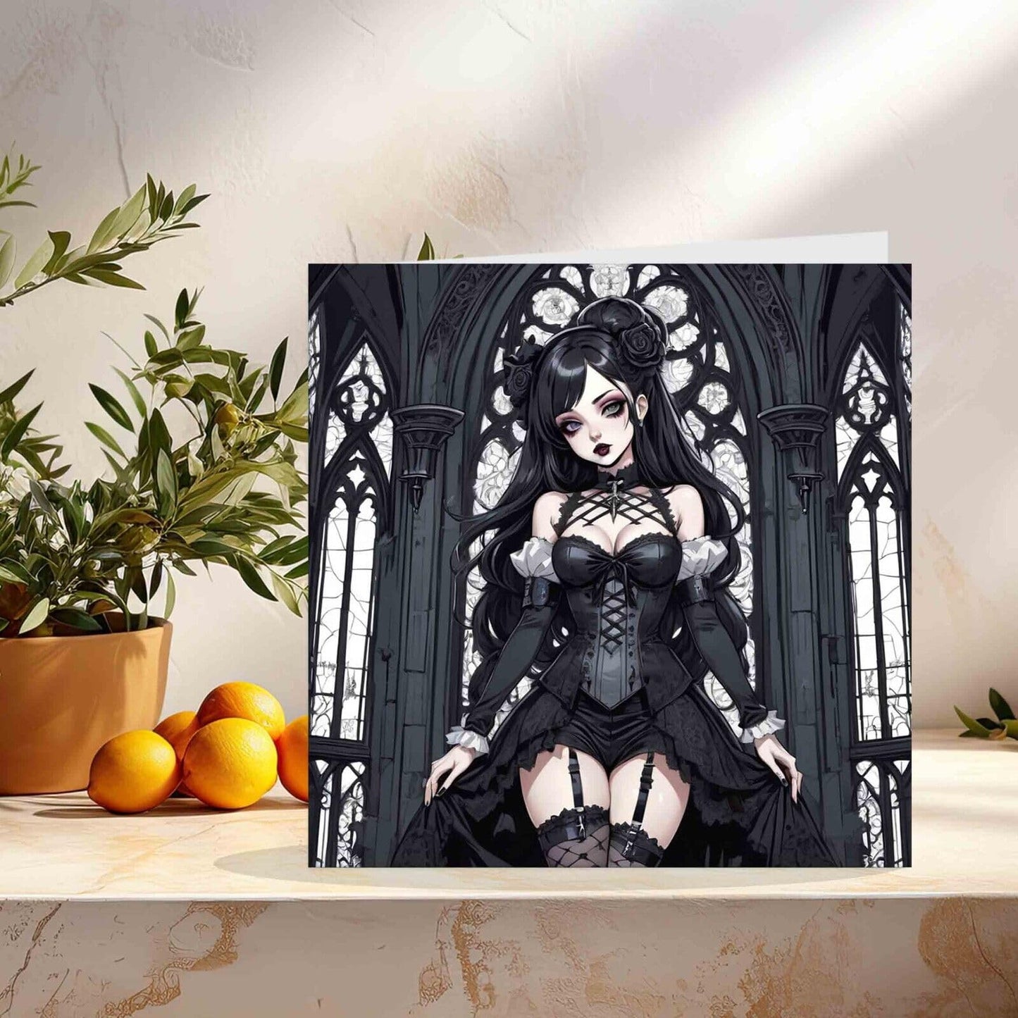 Cute Gothic Girl Greeting Card - Anime Goth Girl 145mm x 145mm
