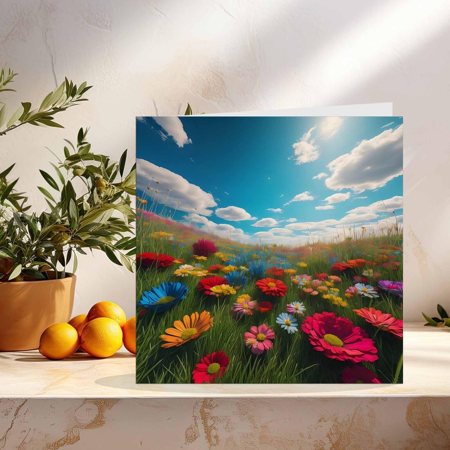 Colourful Flowers Sky Grass Blank Greeting Birthday Card Art - Any Occasion