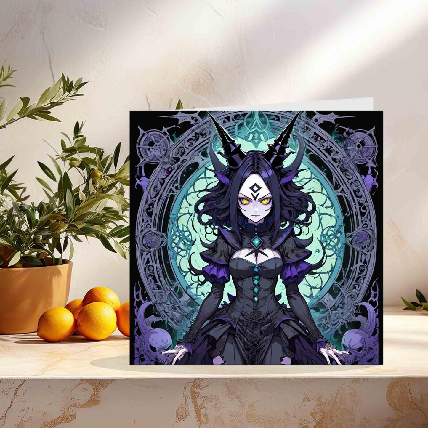 Evil Anime Girl Greeting Card - Gothic Witch 145mm x 145mm