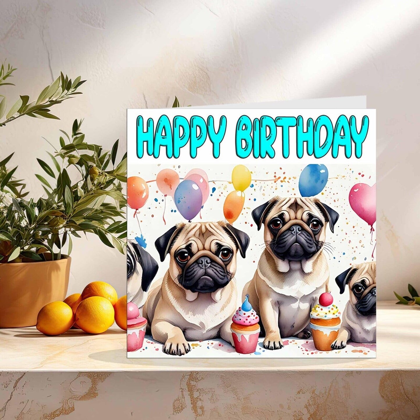 Pug Birthday Card - Fun Pug Dog Bday Card Party 145 x 145mm