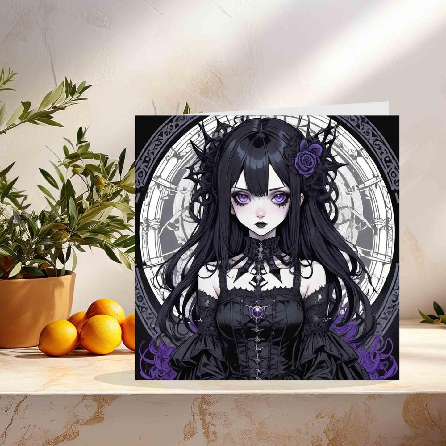 Gothic Anime Witch Greeting Card - Cute Goth Girl Birthday Card 145mm x 145mm