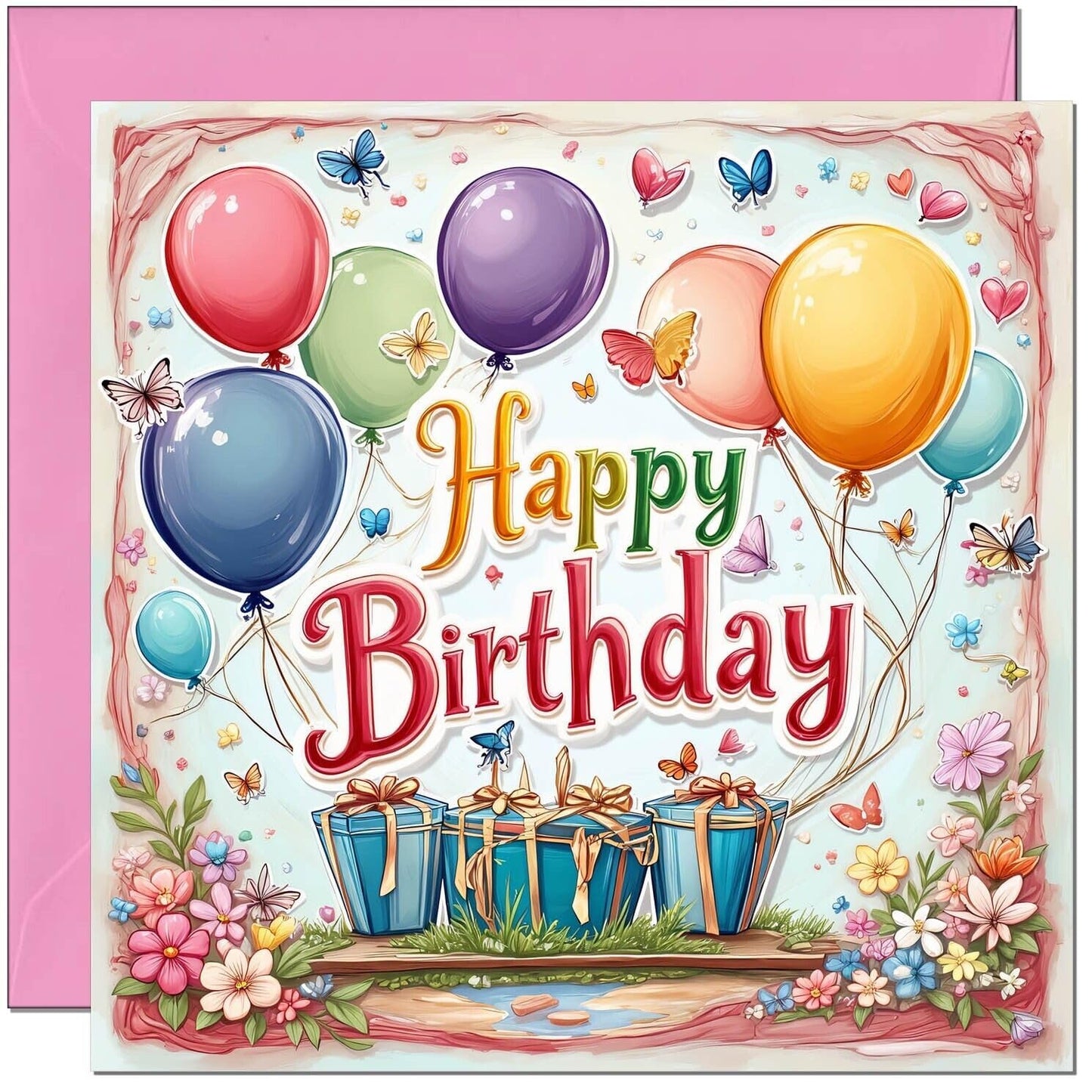 Beautiful Birthday Card for Women - Butterfly Balloon Design - Ladies girls pink