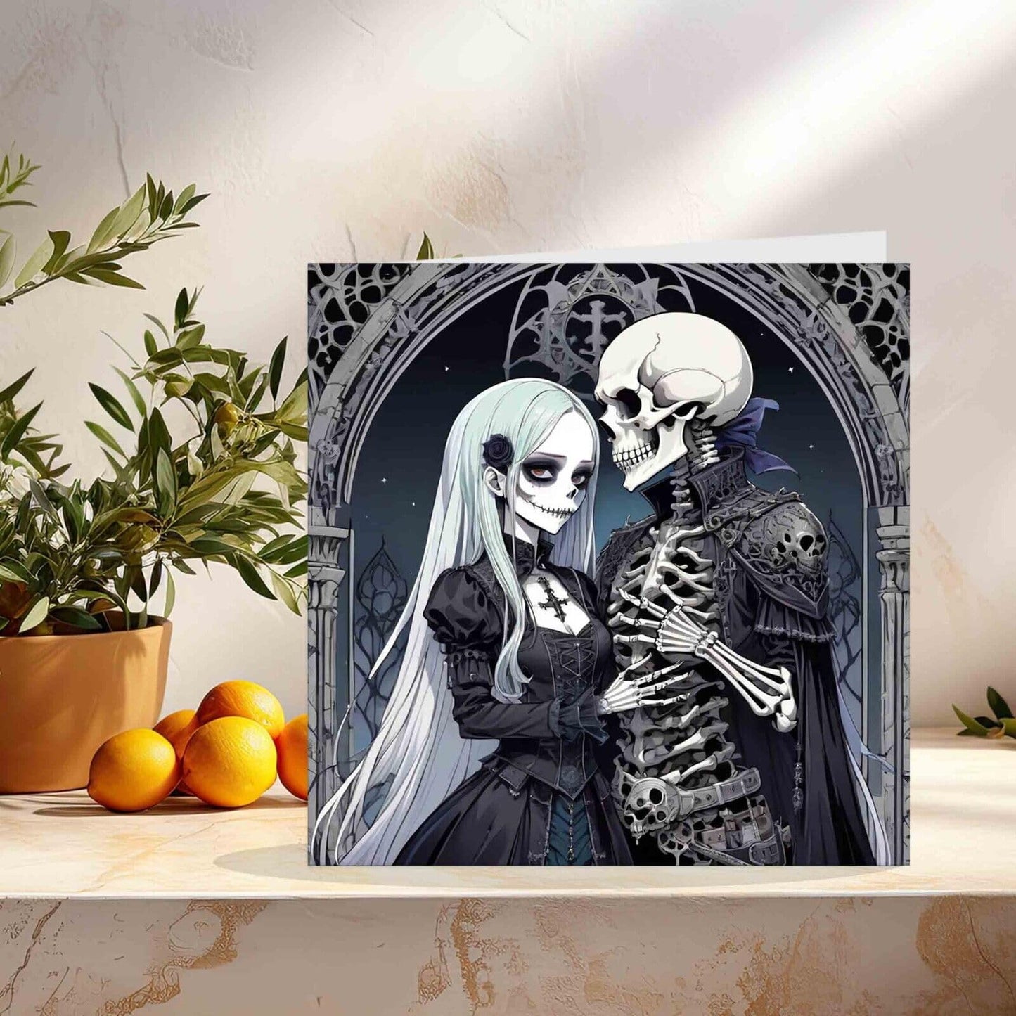 Anime Gothic Couple Greeting Card - Skull Skeleton Anniversary 145mm x 145mm