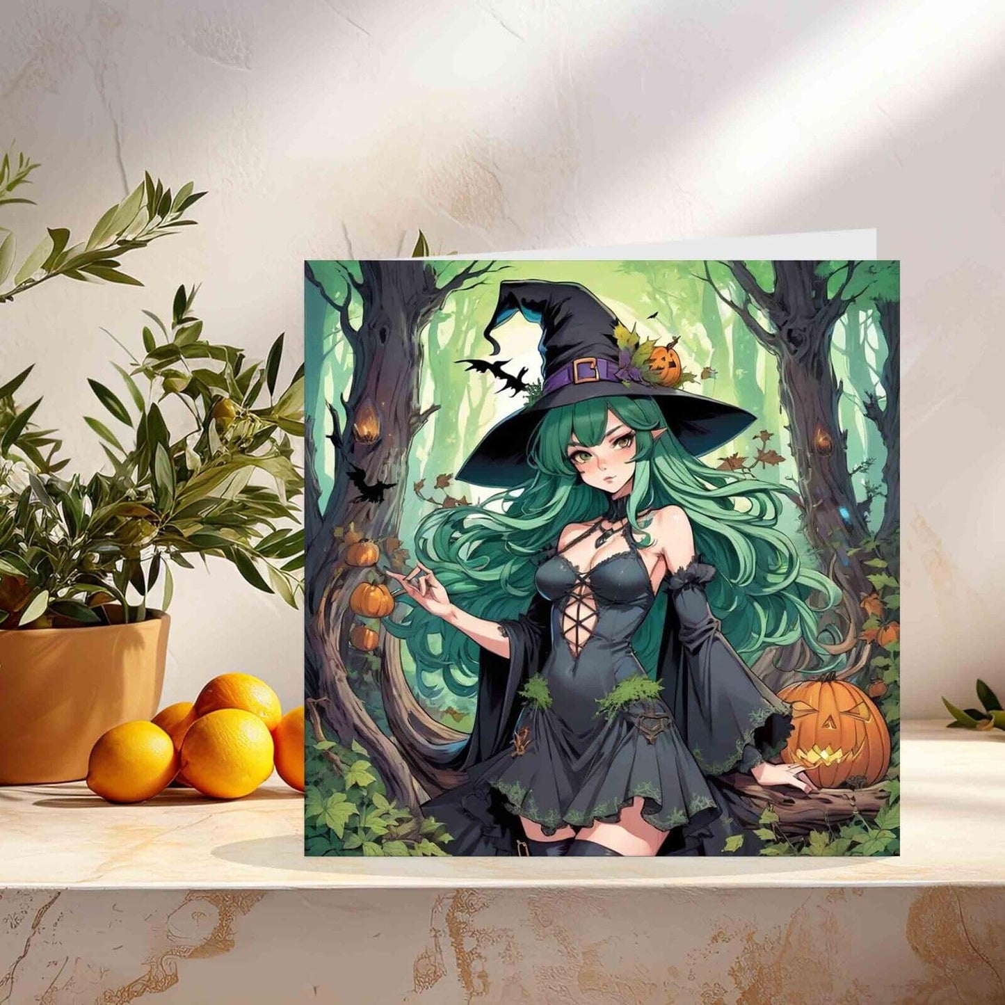 Anime Witch Birthday Card - Cute Woodland Witch Greeting Card 145mm x 145mm