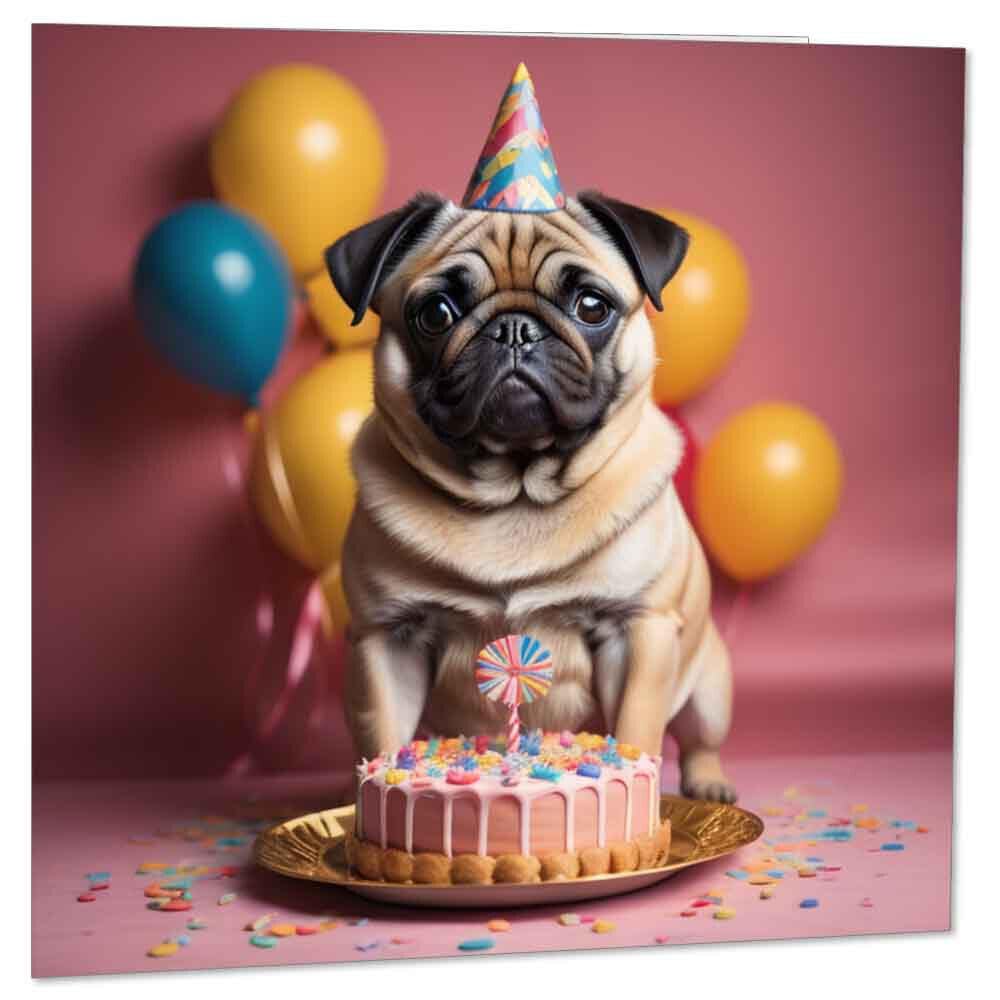 Pug Dog Birthday Card 145 x 145mm - Purple Fox Gifts