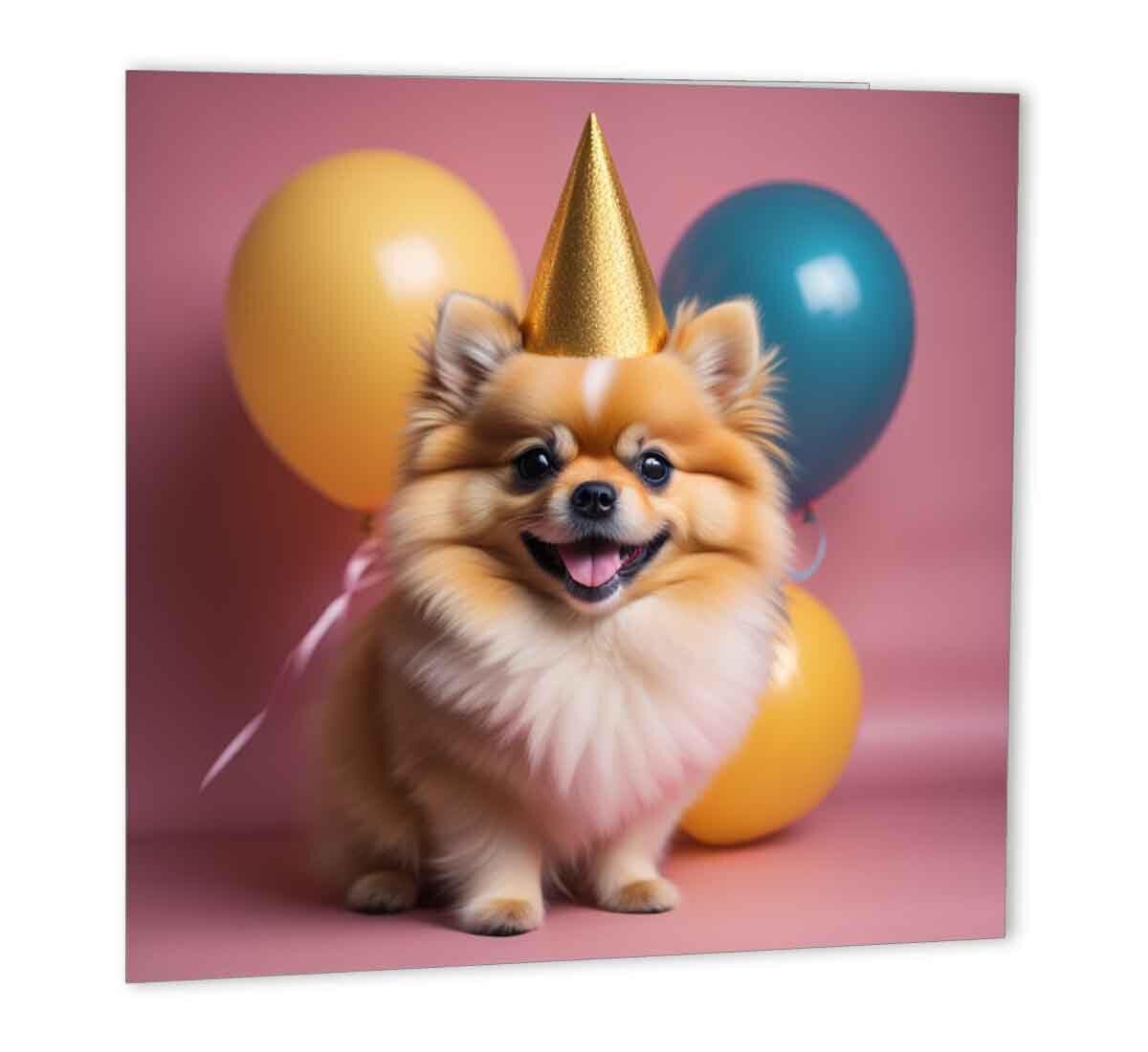 Pomeranian Birthday Card 147 x 147mm Cute Dog Happy Birthday Cards - Purple Fox Gifts