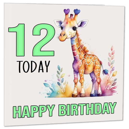 12th Birthday Card Kids Childrens 12 Years Old Watercolour Giraffe 145 x 145mm - Purple Fox Gifts