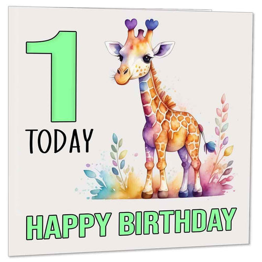1st Birthday Card Kids Childrens 1 Year Old Watercolour Giraffe 145 x 145mm - Purple Fox Gifts