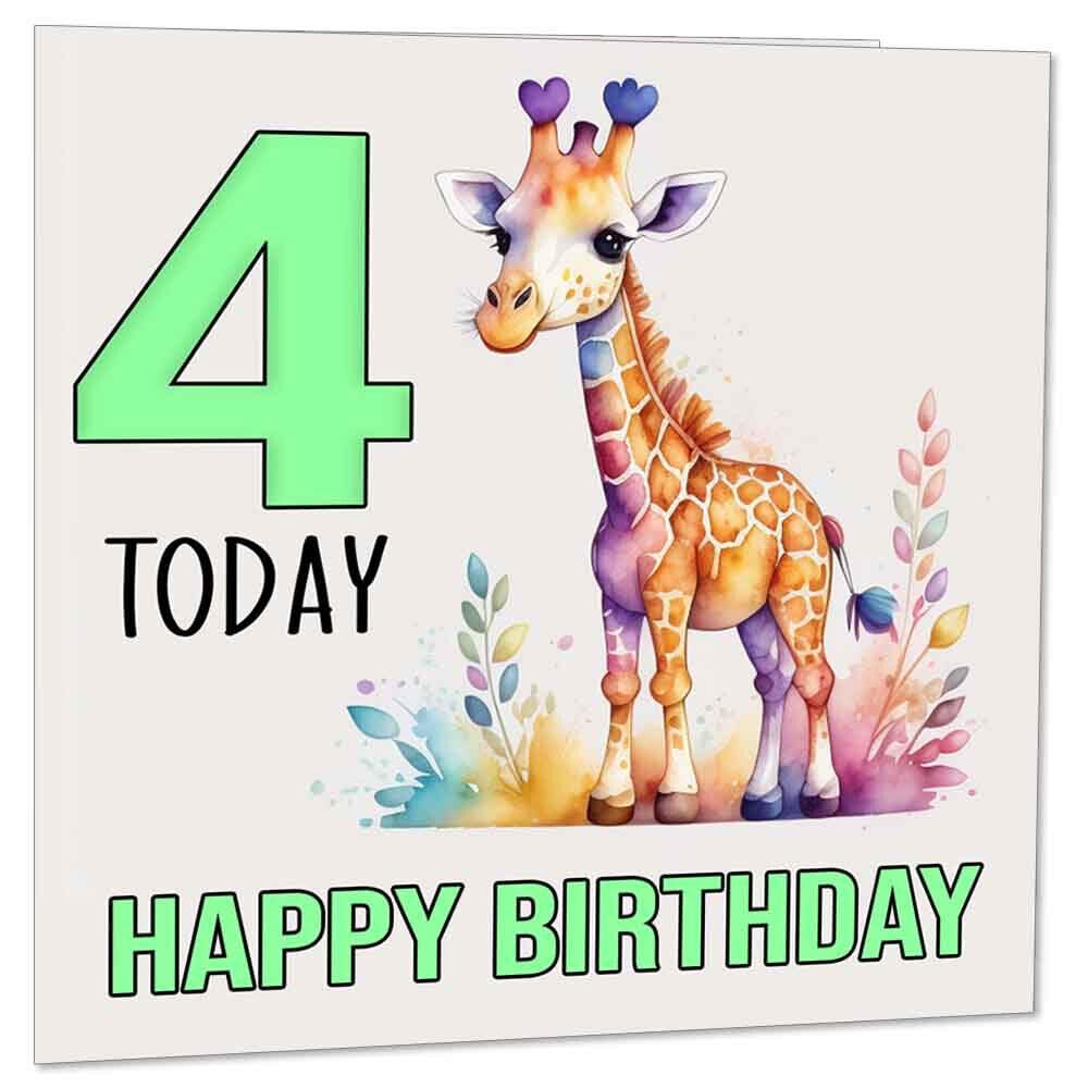 4th Birthday Card Kids Childrens 4 Years Old Watercolour Giraffe 145 x 145mm - Purple Fox Gifts