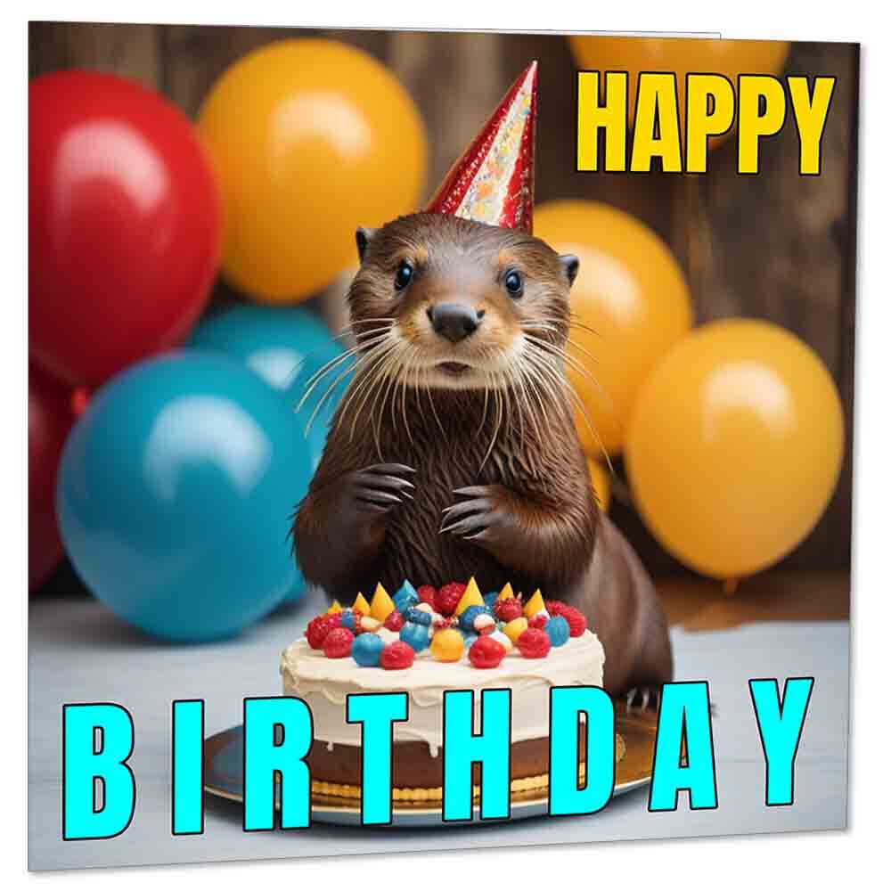 Otter Birthday Card - Otter in a party hat happy birthday card 145 x 145mm - Purple Fox Gifts
