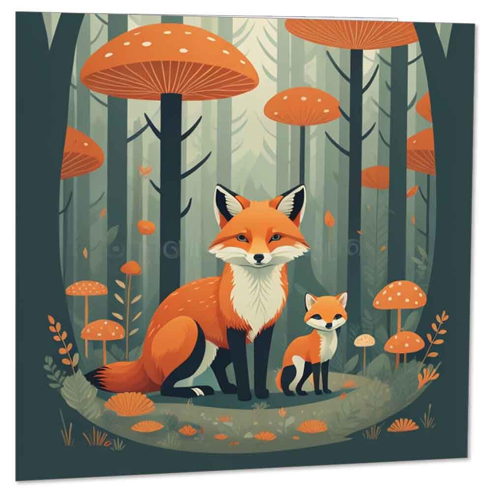 Forest Fox and Cub - Cute Foxes Woods Drawing Woodland illustration 145 x 145mm - Purple Fox Gifts