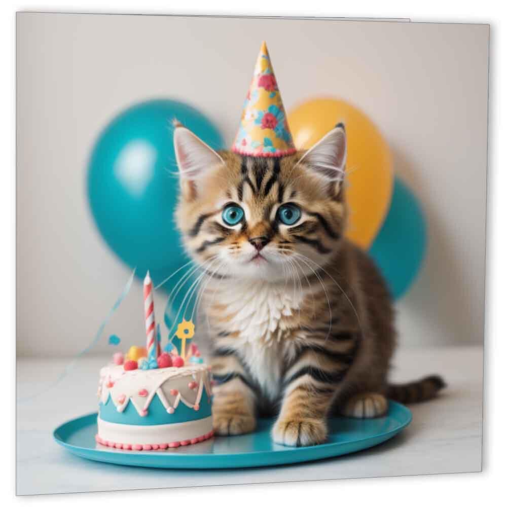 Cute Kitten Birthday Card Cat Adorable Card 147 x 147mm - Purple Fox Gifts