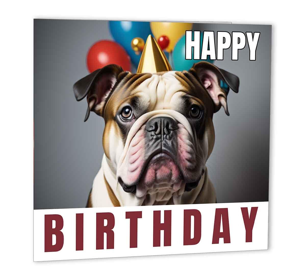 Bulldog Birthday Card 147 x 147mm Cute Dog Happy Birthday Card bday - Purple Fox Gifts