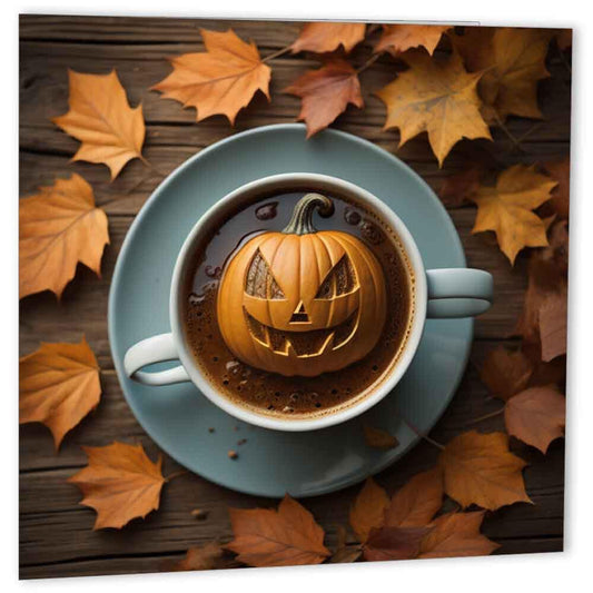 Halloween Card - Pumpkin Coffee Autumn Halloween Cards 145 x 145mm - Purple Fox Gifts