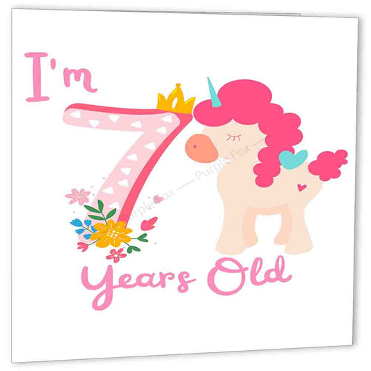 7th Birthday Card Pink Unicorn seven Years Old Birthday Happy 7th bday - Purple Fox Gifts