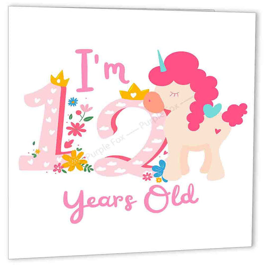 12th Birthday Card Pink Unicorn Twelve Years Old Birthday Happy 12th bday - Purple Fox Gifts