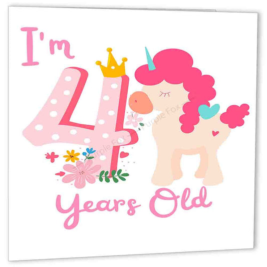 4th Birthday Card Pink Unicorn four Years Old Birthday 150x150mm Happy 4th bday - Purple Fox Gifts