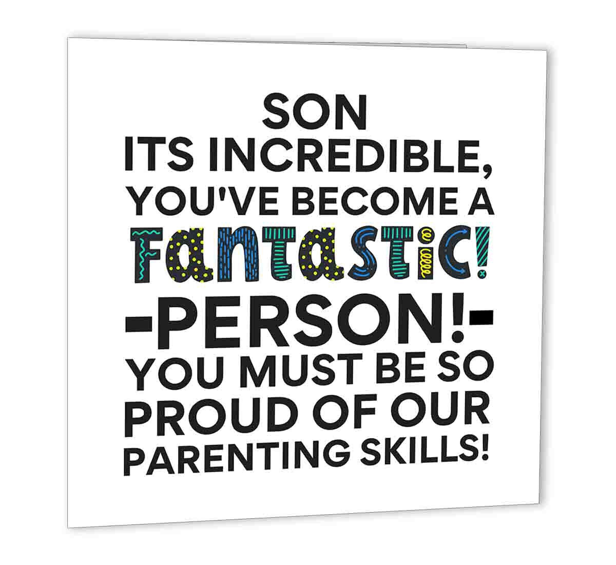 Sons Birthday Card Funny 147 x 147mm Happy Birthday Son, proud of our parenting - Purple Fox Gifts
