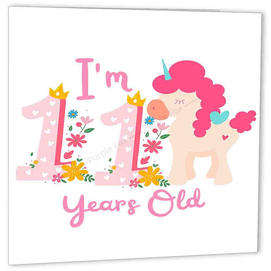 11th Birthday Card Pink Unicorn Eleven Years Old Birthday Happy 11th bday - Purple Fox Gifts