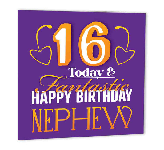 16th Birthday Card for Nephew - Nephews 16th Birthday Card - Sixteen 47 x 147mm - Purple Fox Gifts