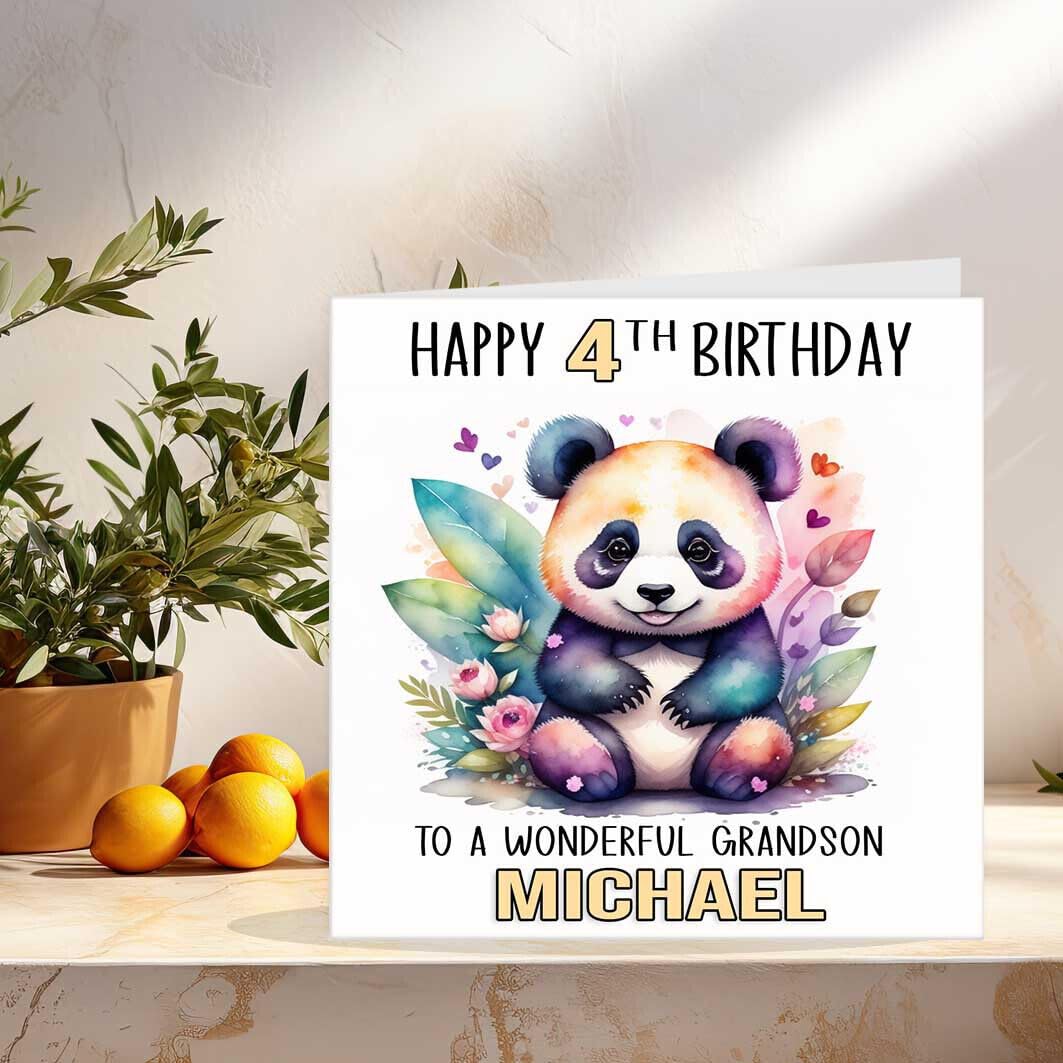Personalised Kids Panda Birthday Card - Any Age Boys Girls Cute Watercolour - Purple Fox Gifts