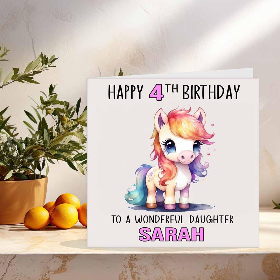 Kids Personalised Pony Birthday Card Horse - Any Age & Name 145 x 145mm - Purple Fox Gifts