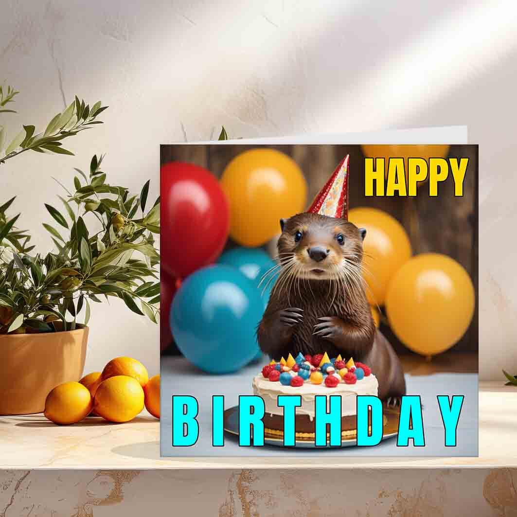 Otter Birthday Card - Otter in a party hat happy birthday card 145 x 145mm - Purple Fox Gifts