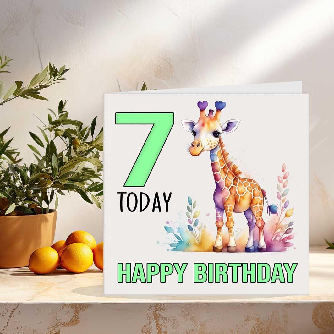 7th Birthday Card Kids Childrens 7 Years Old Watercolour Giraffe 145 x 145mm - Purple Fox Gifts
