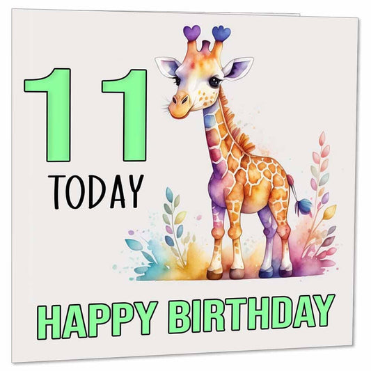 11th Birthday Card Kids Childrens 11 Years Old Watercolour Giraffe 145 x 145mm - Purple Fox Gifts