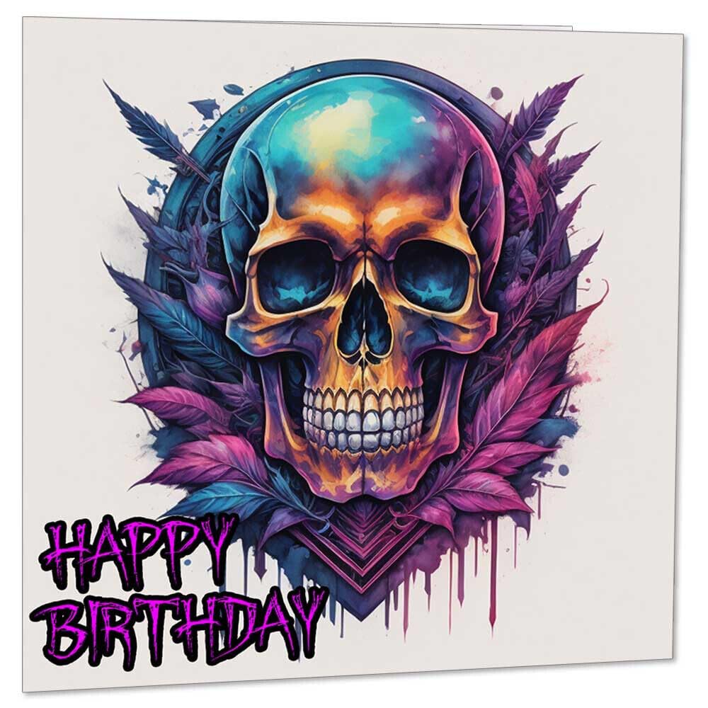 Purple Skull Birthday Card - Gothic Skulls Watercolour Birthday Card 145 x 145mm - Purple Fox Gifts
