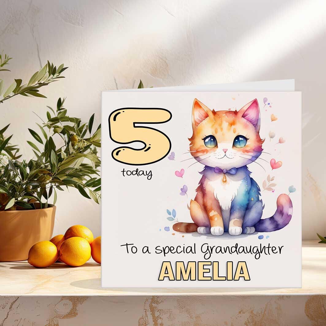 Personalised Kids Birthday Card Watercolour Cat - Any Age Boys Girls Cute - Purple Fox Gifts