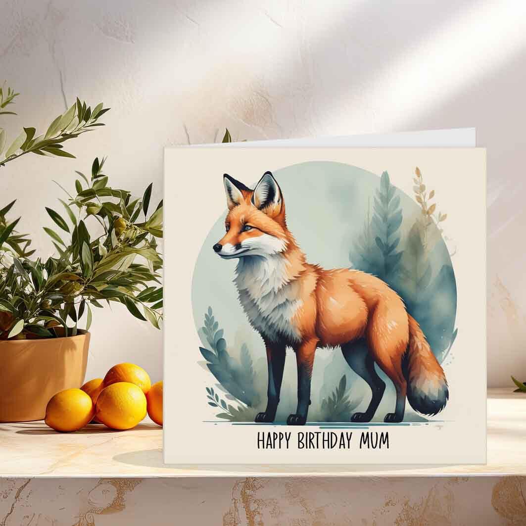 Mums Birthday Card - Cute Fox Happy Birthday Mum Card 145 x 145mm - Purple Fox Gifts