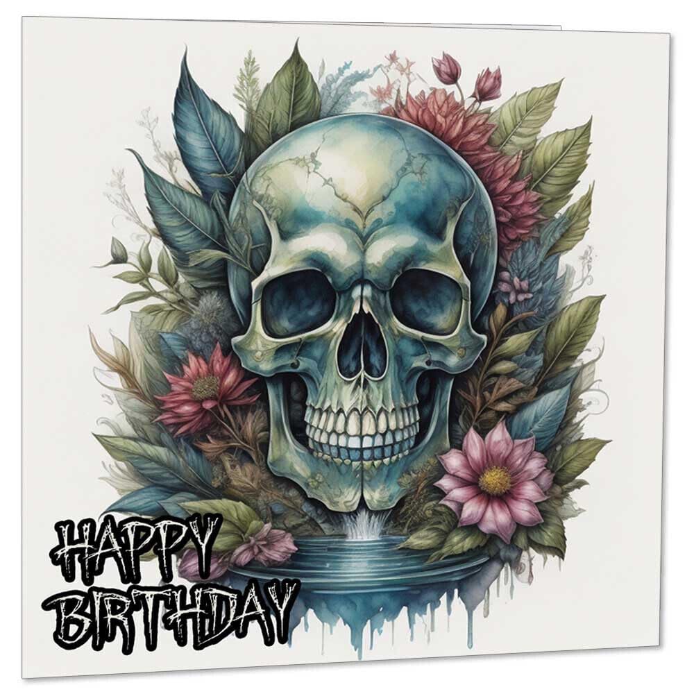 Gothic Birthday Card - Skull Floral Bday Cards 145 x 145mm - Purple Fox Gifts
