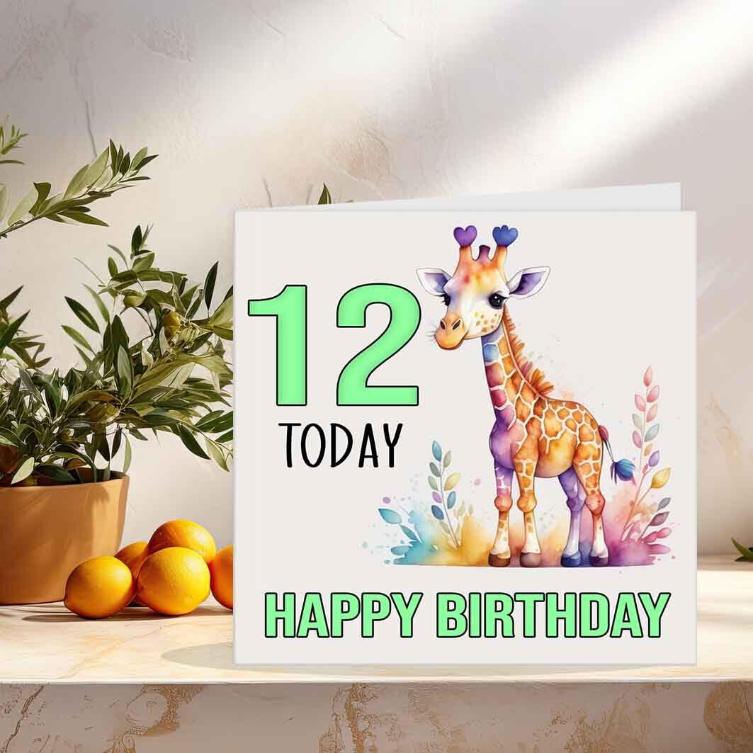 12th Birthday Card Kids Childrens 12 Years Old Watercolour Giraffe 145 x 145mm - Purple Fox Gifts