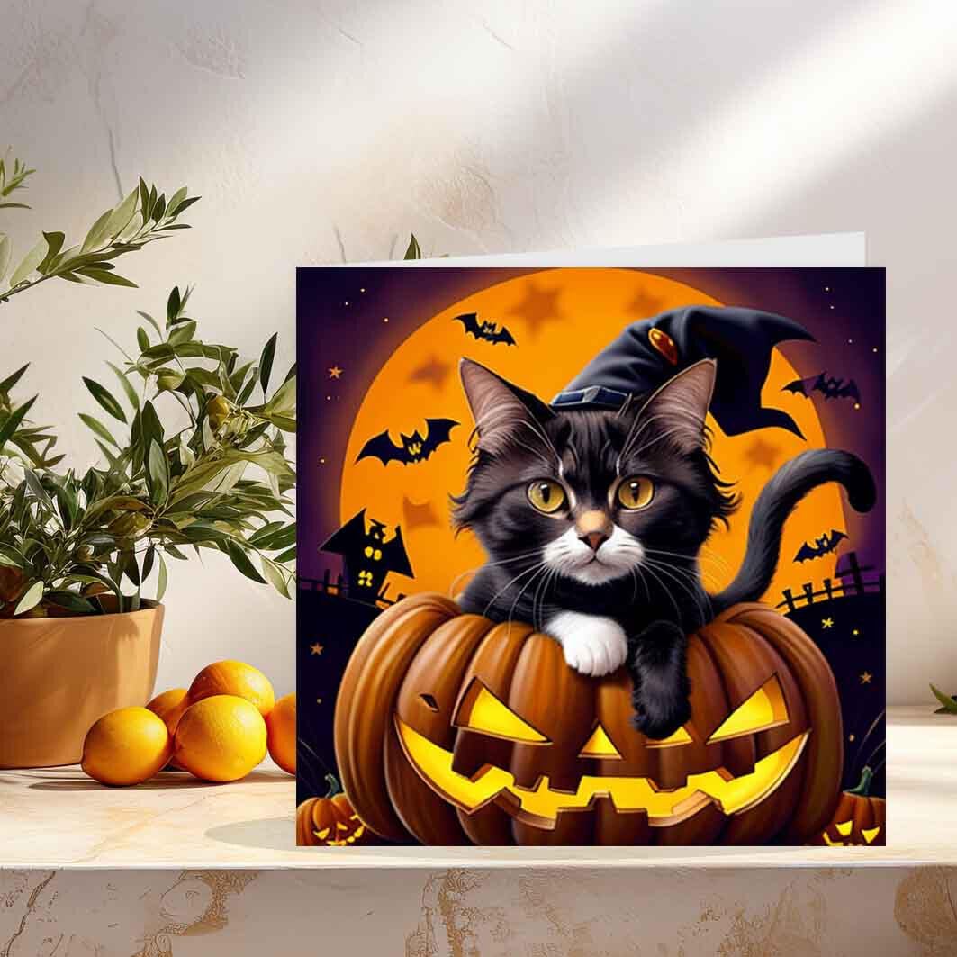Cat In a Pumpkin Halloween Card Bats Moon Cute 145 x 145mm - Purple Fox Gifts