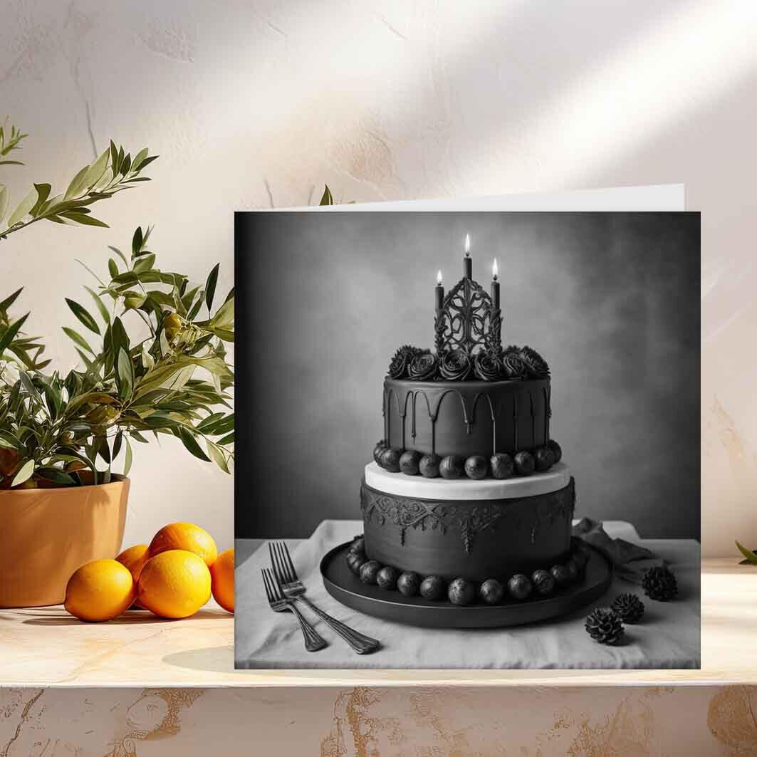 Black Gothic Wedding Cake Card 145 x 145mm - Purple Fox Gifts