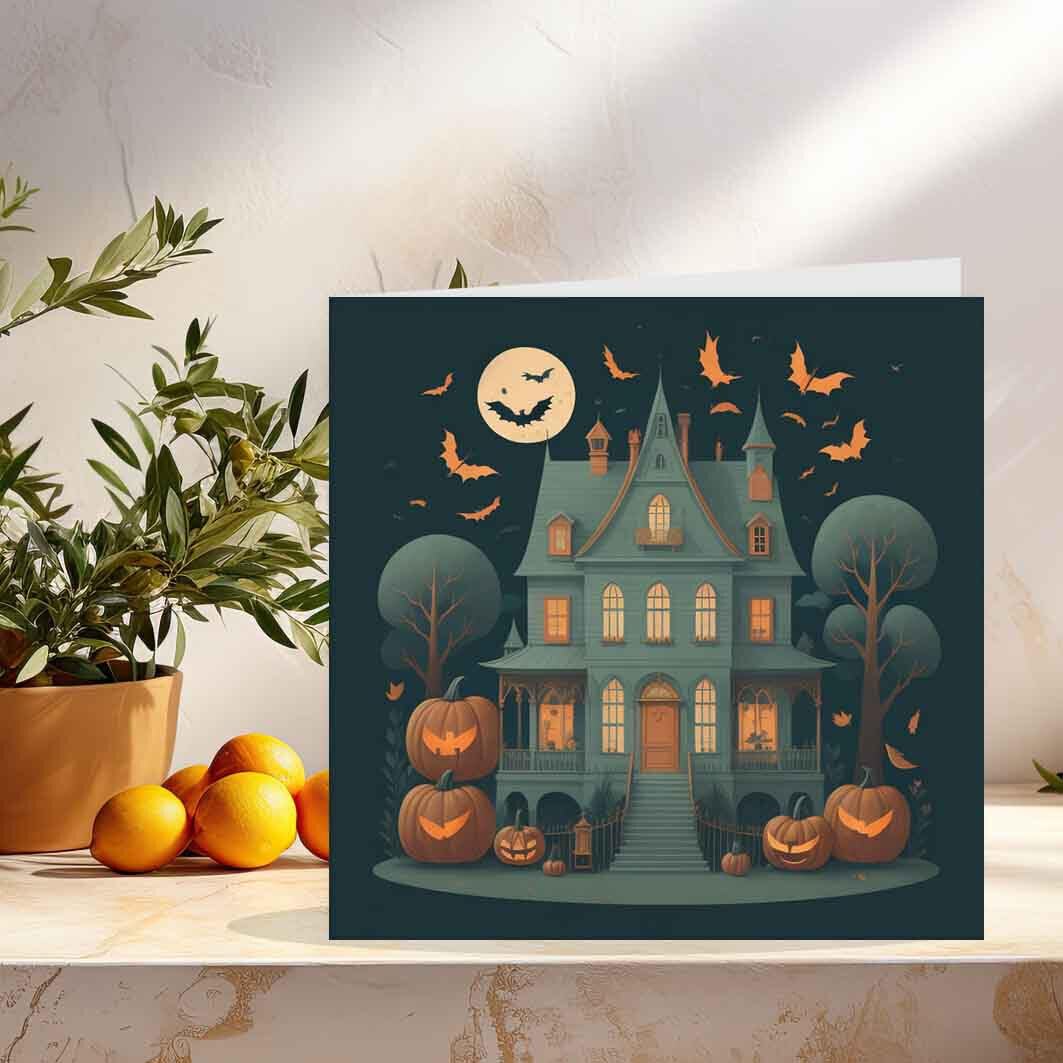 Haunted House Halloween Card - Halloween House Bats Moons Pumpkins 145 x 145mm - Purple Fox Gifts