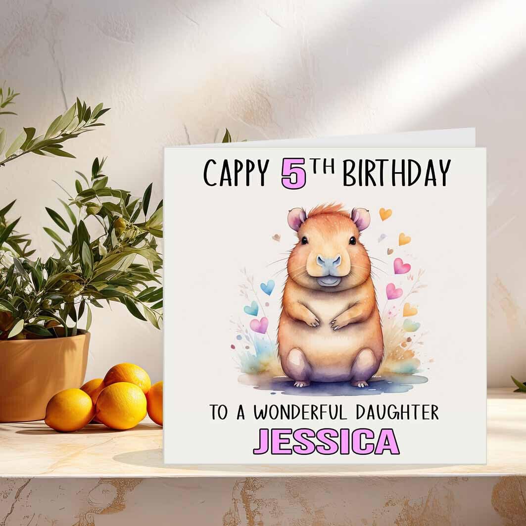 Kids Capybara Birthday Card Personalised - Any Age, Name & Relation 145 x 145mm - Purple Fox Gifts
