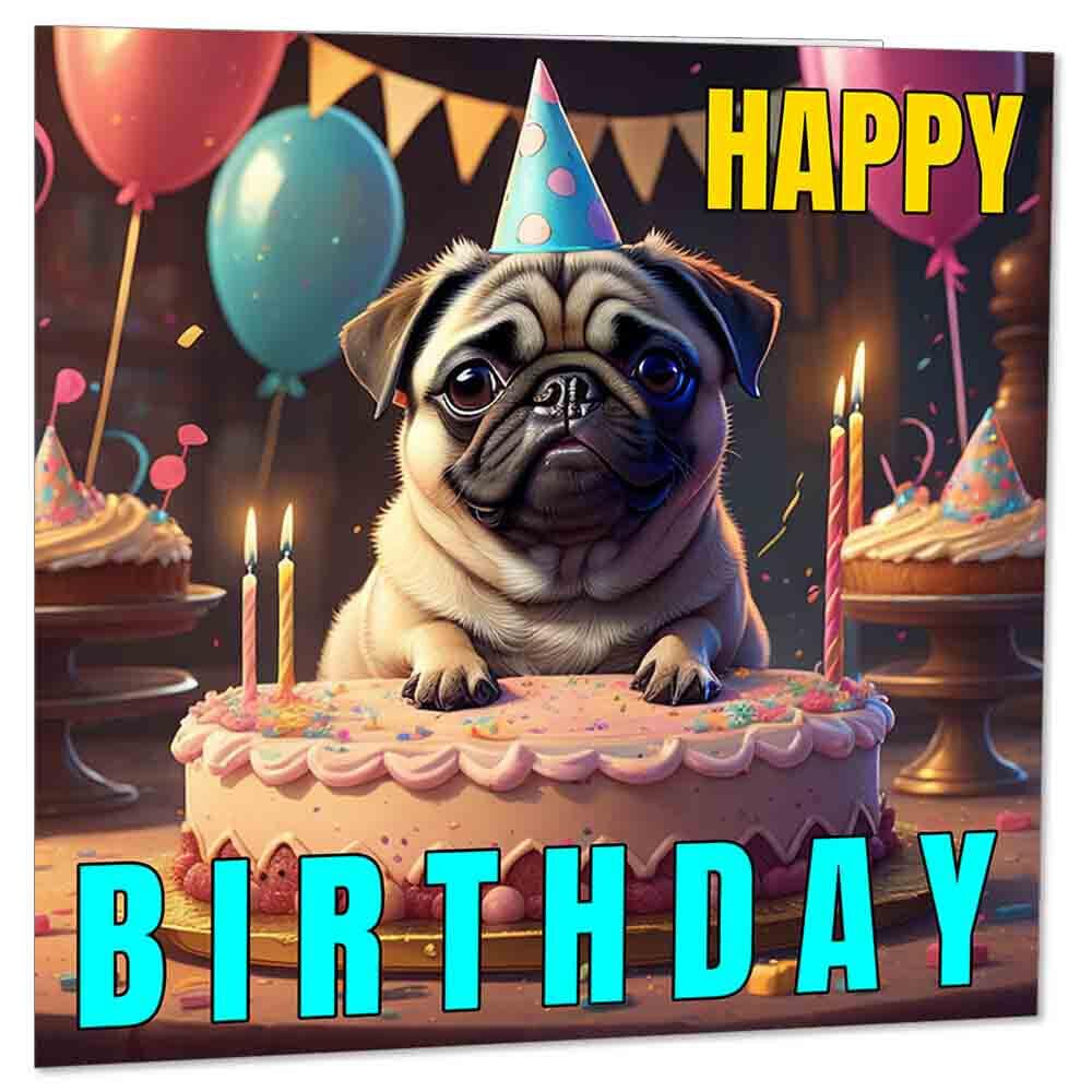 Pug Birthday Card - Pug Dog Happy Birthday Cards 145 x 145mm - Purple Fox Gifts