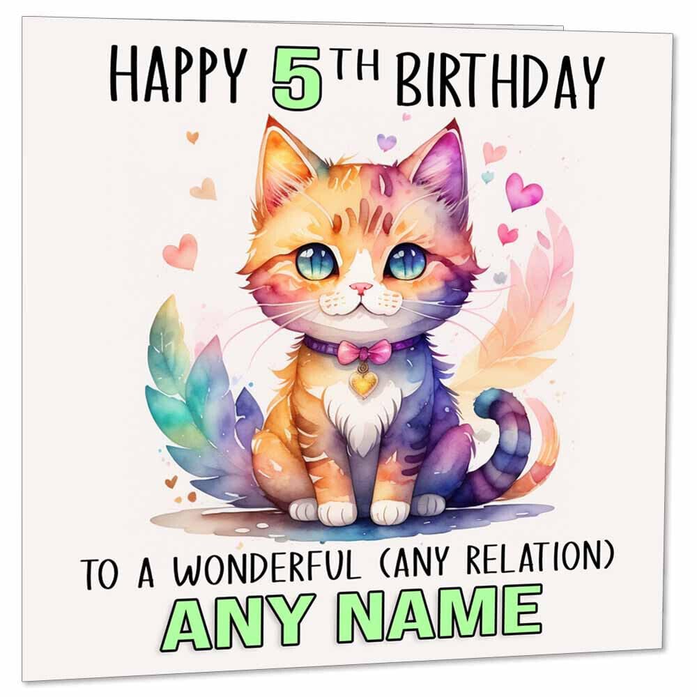 Girls Kitty Birthday Card - Personalised Any Age - Cute Cat Kitten 145 x 145mm - Purple Fox Gifts