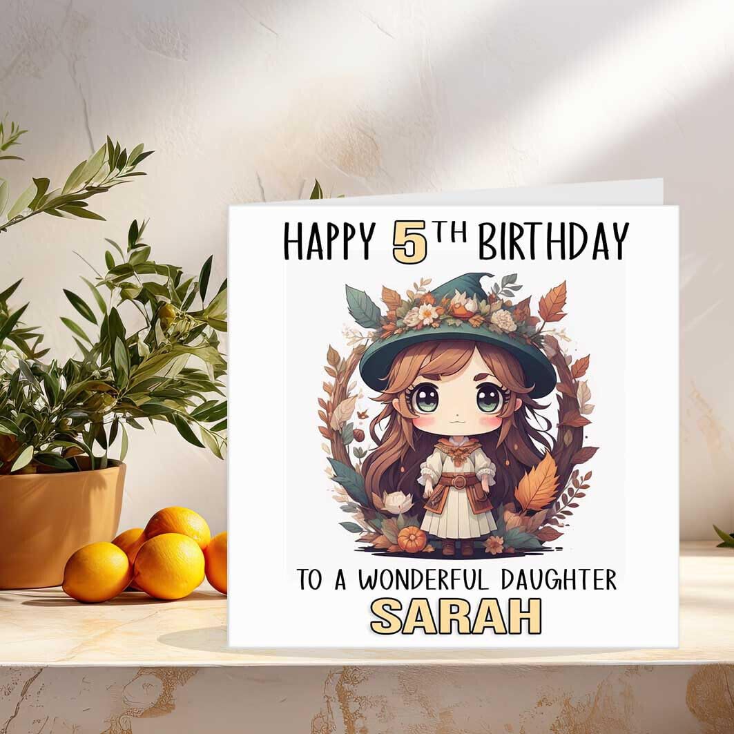 Personalised Girls Birthday Card - Any Age - Kids Cute Forest Witch 145 x 145mm - Purple Fox Gifts