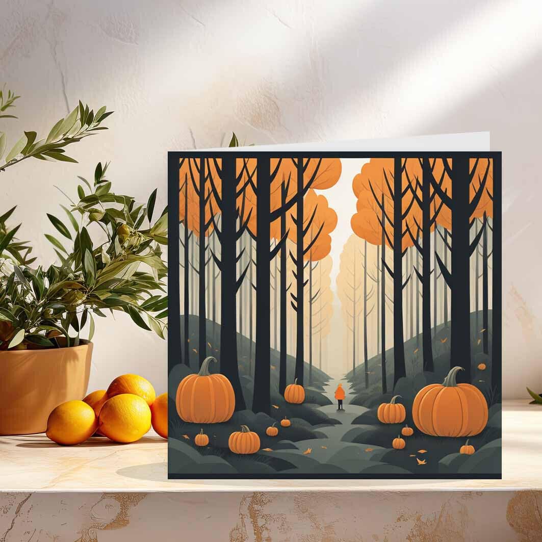 Pumpkin Forest Greeting Card - Halloween Autumn Birthday Card 145 x 145mm - Purple Fox Gifts