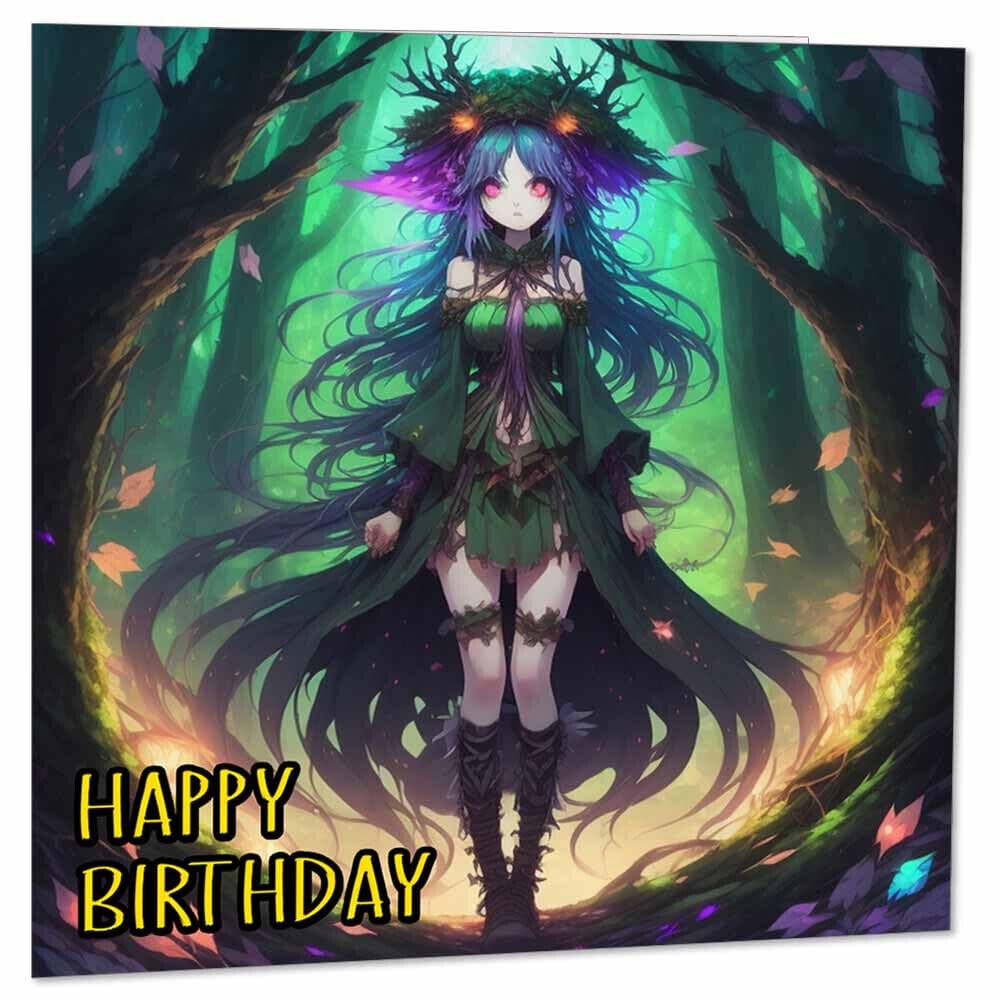Anime Forest Witch Birthday Card - Cute Woods Woodland Witches Girl 145 x 145mm - Purple Fox Gifts
