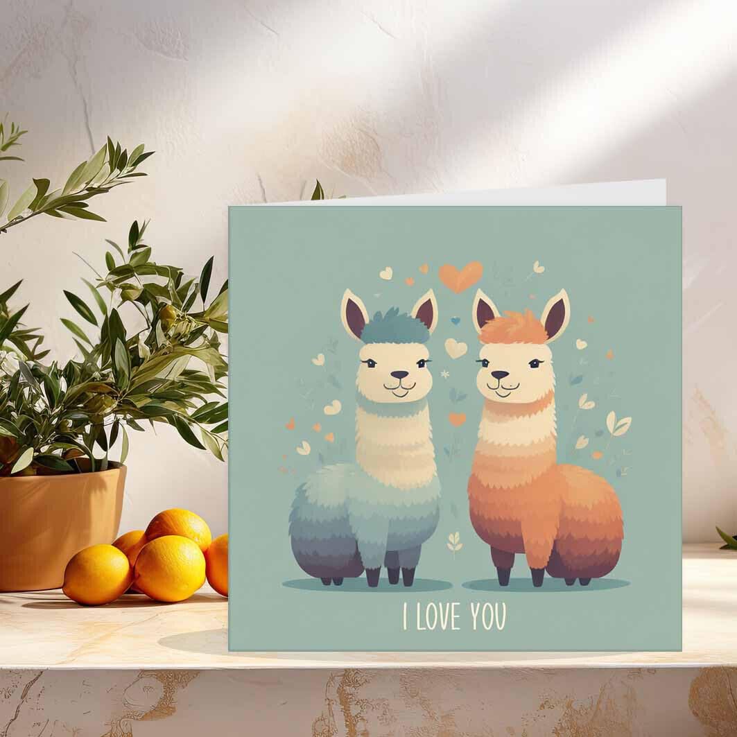 Anniversary Card Cute Llamas - I Love You - boyfriend Girlfriend Wife Husband - Purple Fox Gifts
