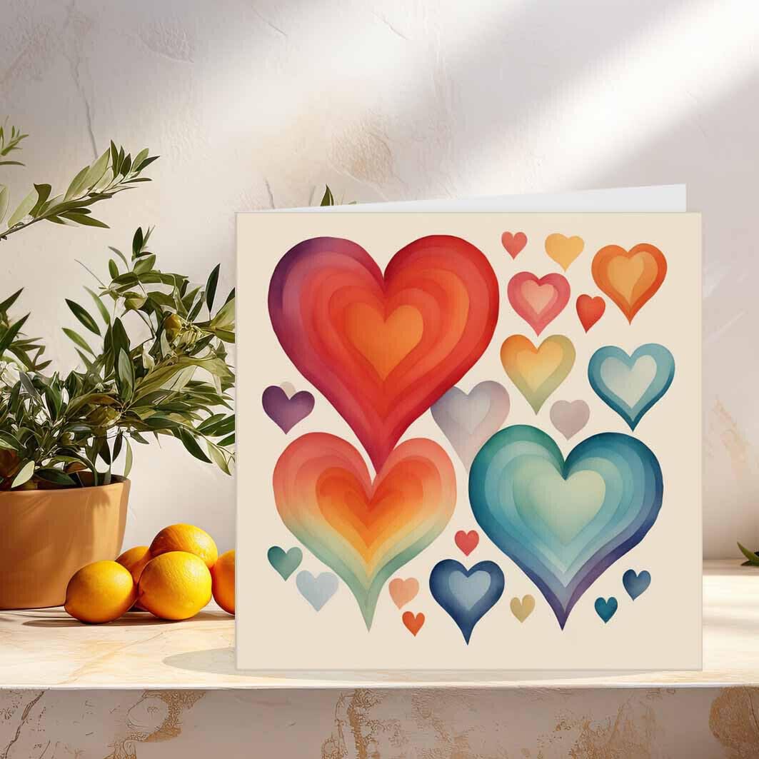 Rainbow Love Hearts Card - rainbow baby nhs love lgbt 145 x 145mm - Purple Fox Gifts