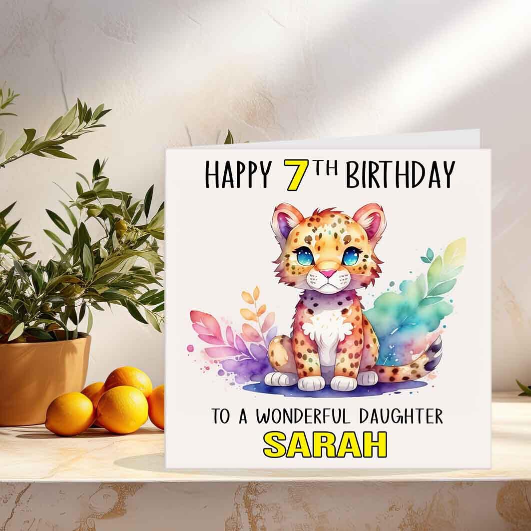 Kids Personalised Leopard Birthday Card - Any Age, Name & Relation 145 x 145mm - Purple Fox Gifts