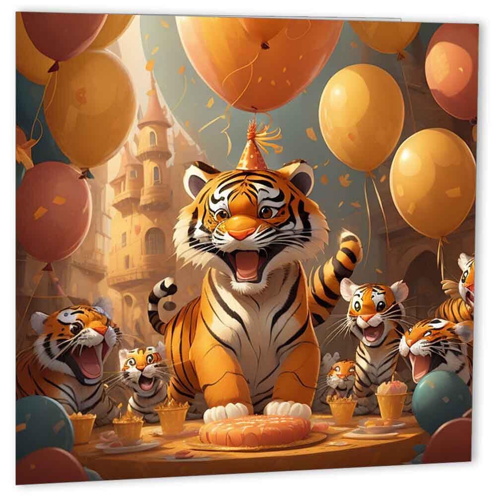 Cute Tiger Birthday Card Kids birthday cards 147mm x 147mm - Purple Fox Gifts