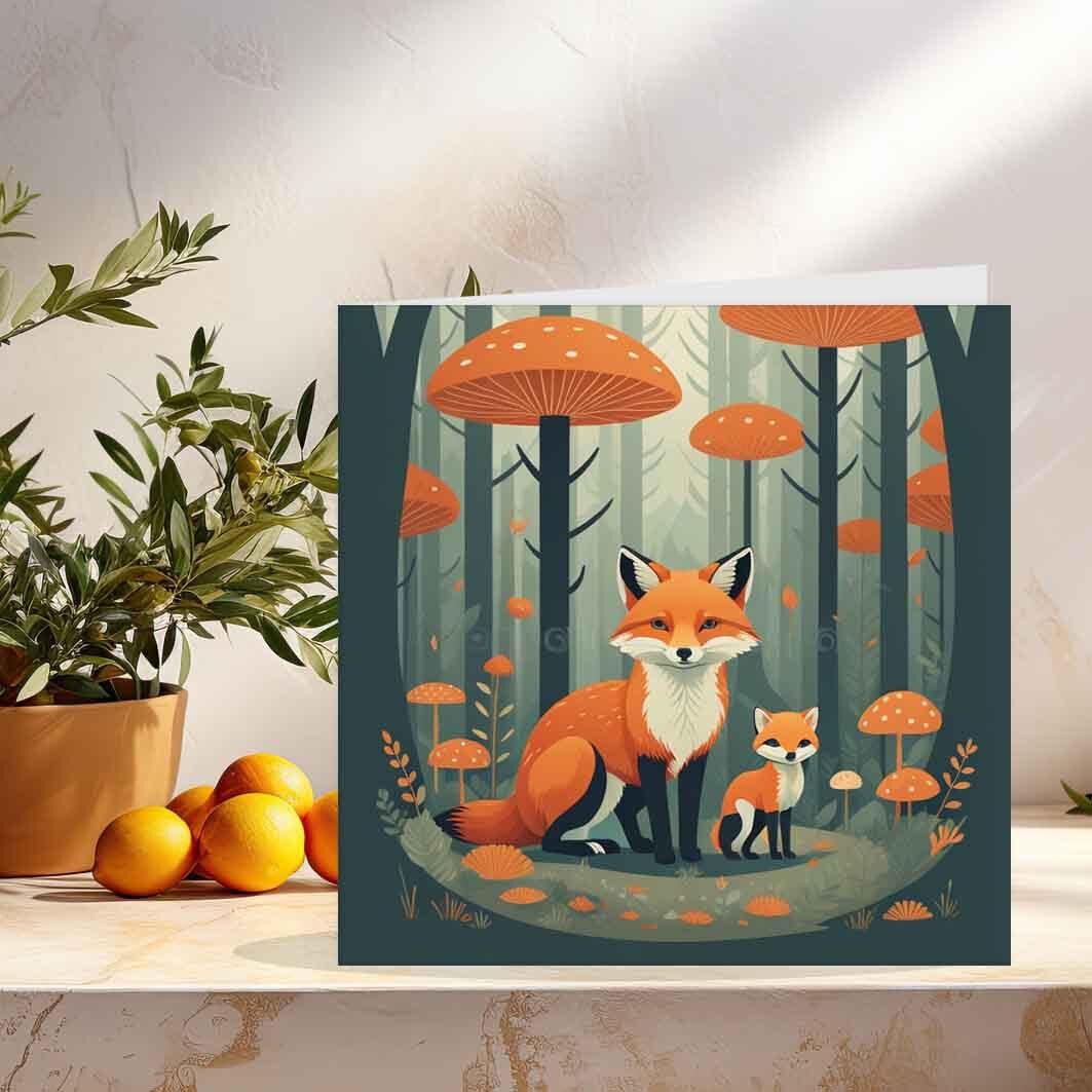 Forest Fox and Cub - Cute Foxes Woods Drawing Woodland illustration 145 x 145mm - Purple Fox Gifts